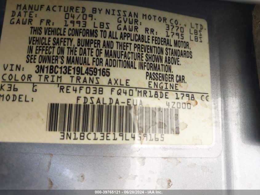 2009 Nissan Versa 1.8S VIN: 3N1BC13E19L459165 Lot: 39765121