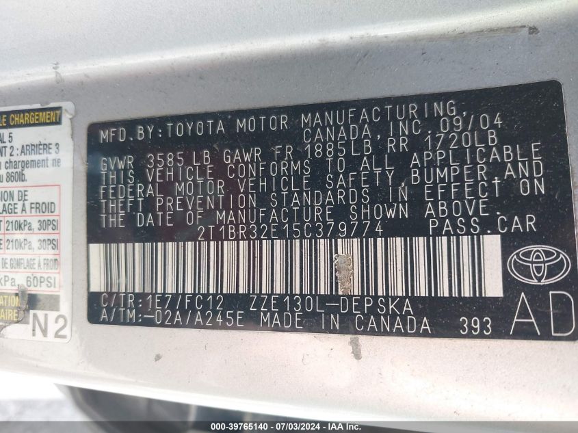2005 Toyota Corolla S VIN: 2T1BR32E15C379774 Lot: 39765140