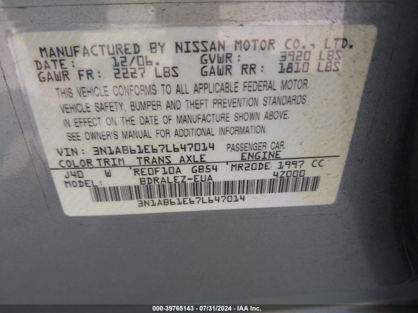 2007 Nissan Sentra 2.0S VIN: 3N1AB61E67L647014 Lot: 39765143