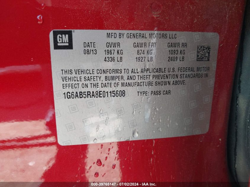 2014 Cadillac Ats Luxury VIN: 1G6AB5RA8E0115608 Lot: 39765147