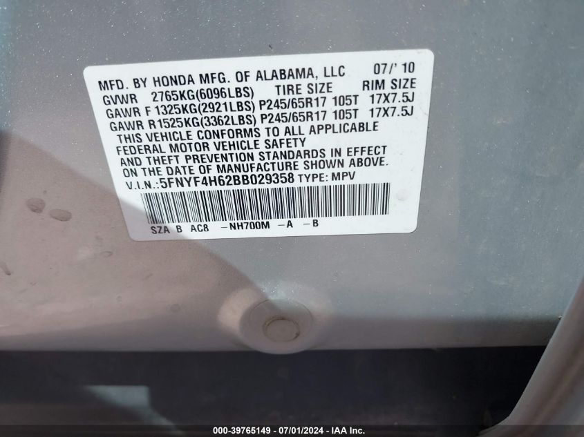 2011 Honda Pilot Ex-L VIN: 5FNYF4H62BB029358 Lot: 39765149