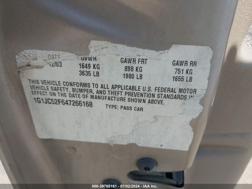 2004 Chevrolet Cavalier VIN: 1G1JC52F647266168 Lot: 39765161