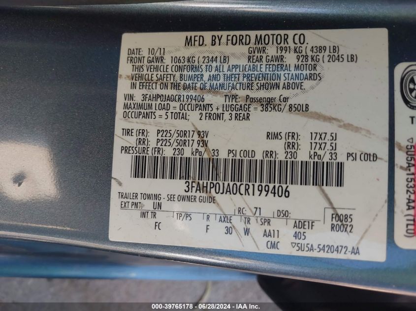 2012 Ford Fusion Sel VIN: 3FAHP0JA0CR199406 Lot: 39765178