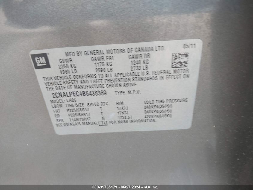 2011 Chevrolet Equinox 2Lt VIN: 2CNALPEC4B6438369 Lot: 39765179