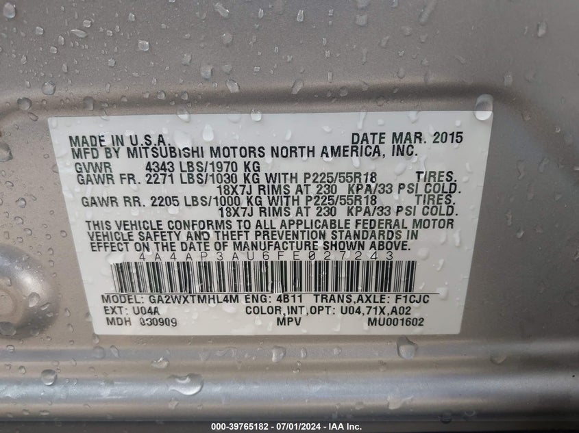 2015 Mitsubishi Outlander Sport Es VIN: 4A4AP3AU6FE027243 Lot: 39765182