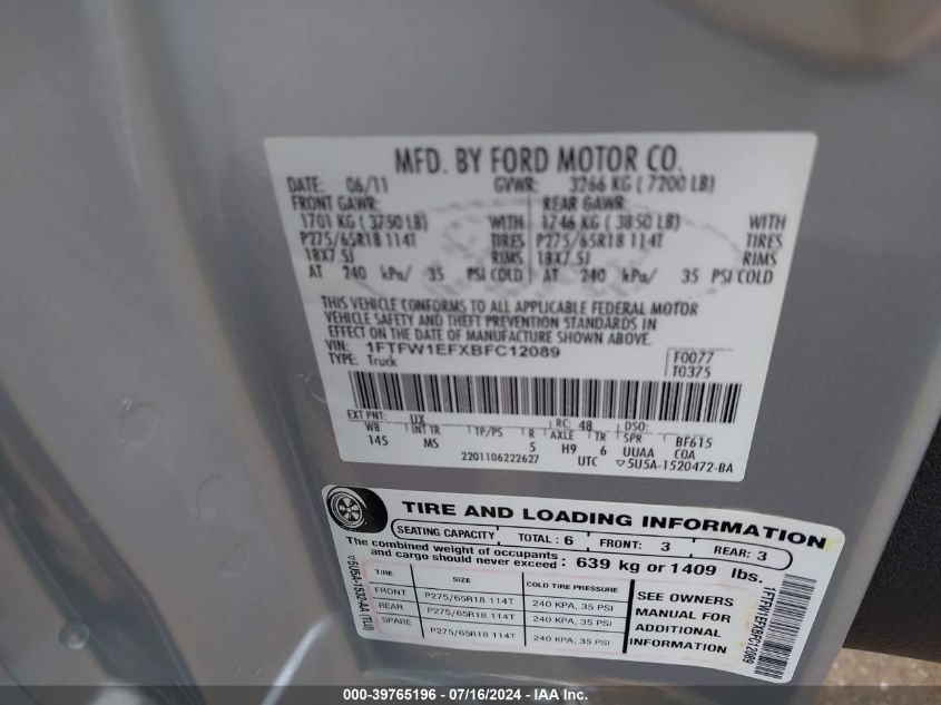 2011 Ford F-150 Xlt VIN: 1FTFW1EFXBFC12089 Lot: 39765196