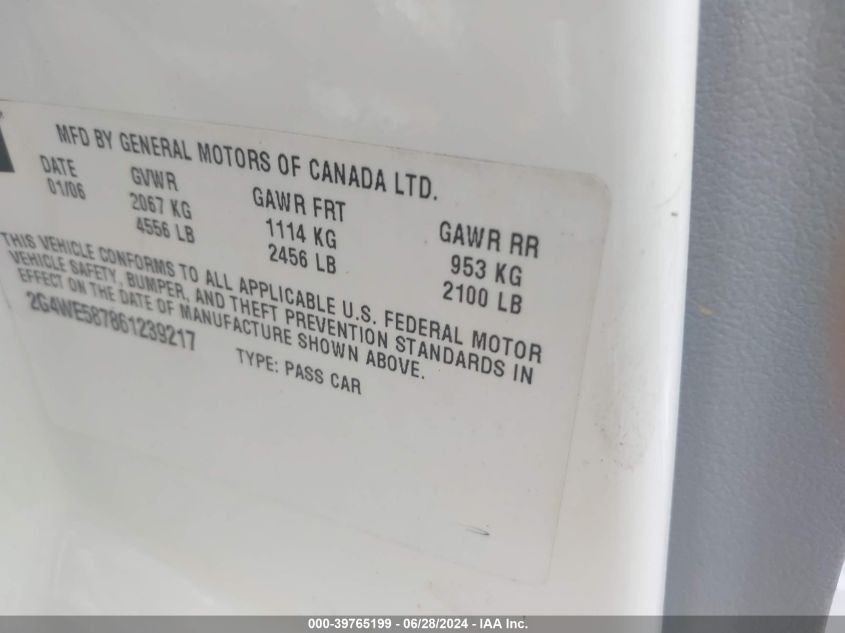 2006 Buick Lacrosse Cxs VIN: 2G4WE587861239217 Lot: 39765199