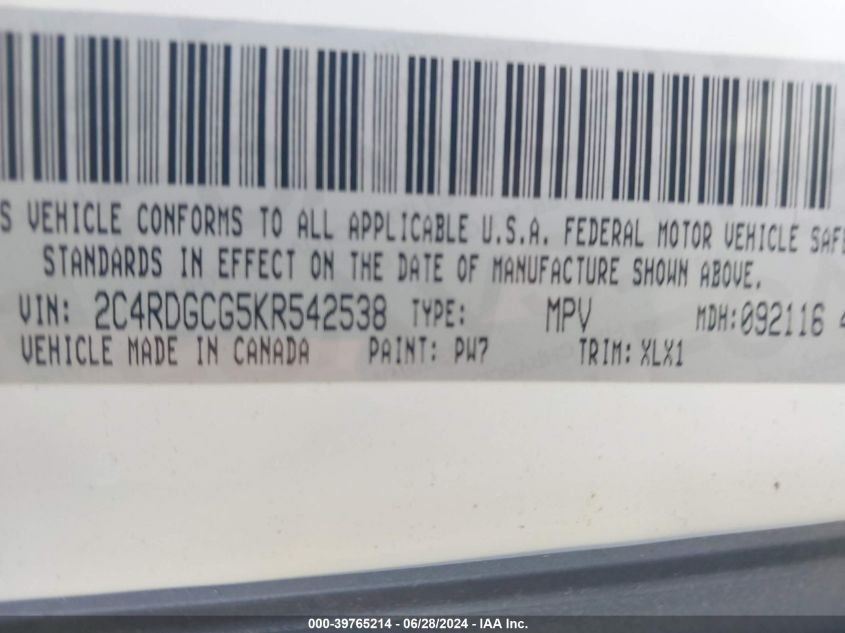 2019 Dodge Grand Caravan Sxt VIN: 2C4RDGCG5KR542538 Lot: 39765214