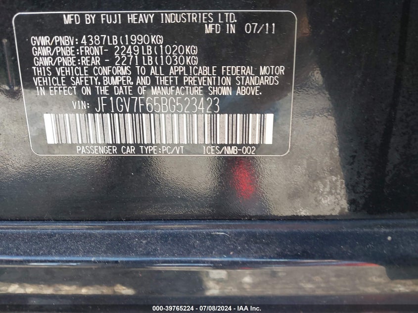 2011 Subaru Impreza Wrx Premium VIN: JF1GV7F65BG523423 Lot: 39765224