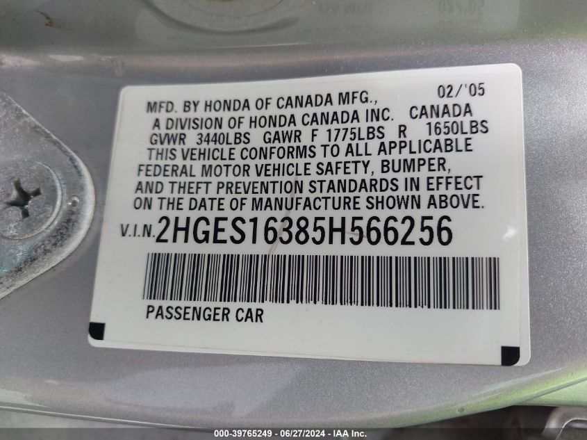 2HGES16385H566256 | 2005 HONDA CIVIC