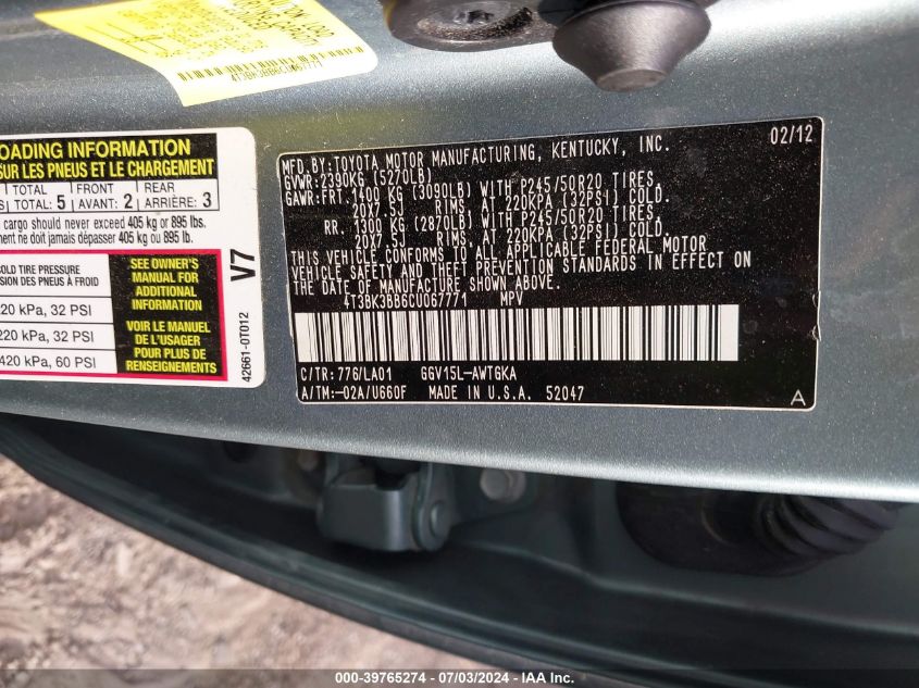 2012 Toyota Venza Limited V6 VIN: 4T3BK3BB6CU067771 Lot: 39765274