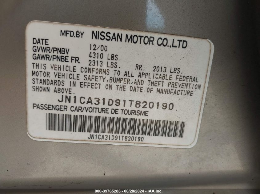 2001 Nissan Maxima Se VIN: JN1CA31D91T820190 Lot: 39765285