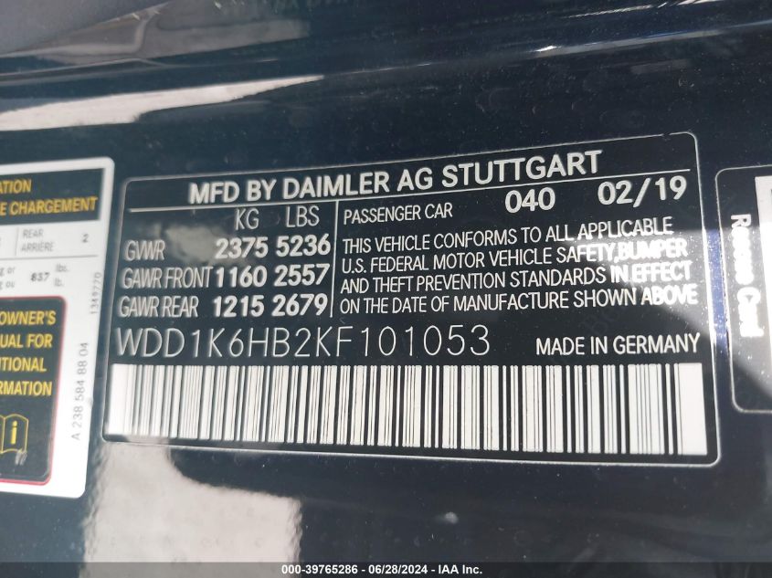 2019 Mercedes-Benz E 450 450 VIN: WDD1K6HB2KF101053 Lot: 39765286