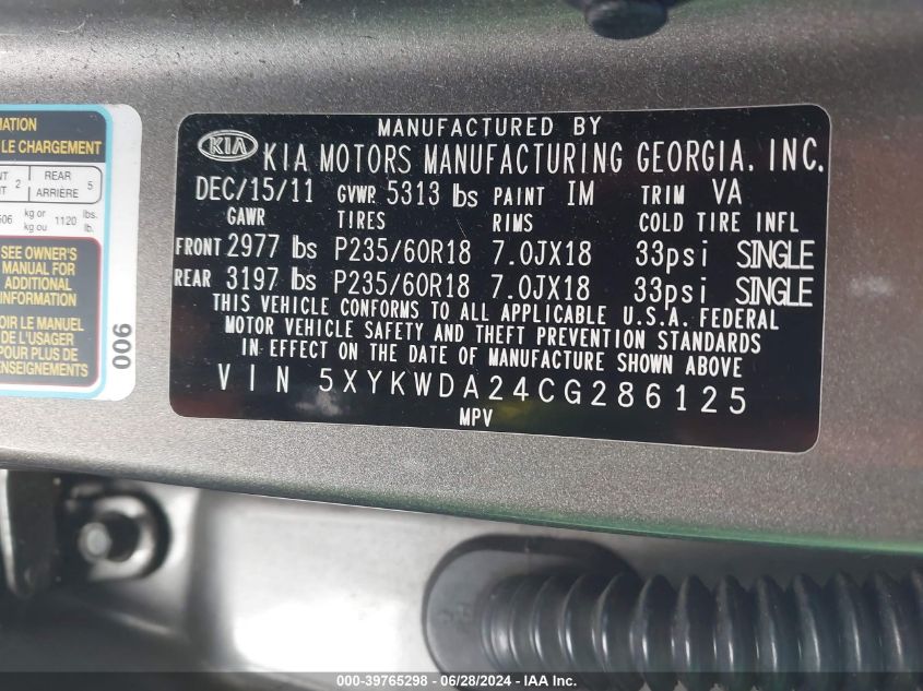 2012 Kia Sorento Sx VIN: 5XYKWDA24CG286125 Lot: 39765298