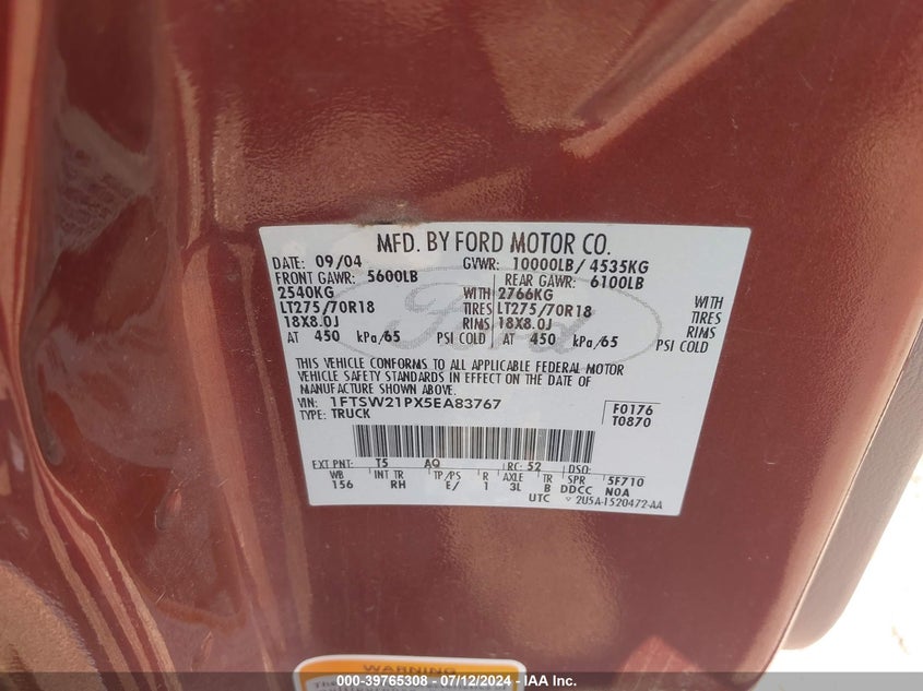 2005 Ford F-250 Lariat/Xl/Xlt VIN: 1FTSW21PX5EA83767 Lot: 39765308