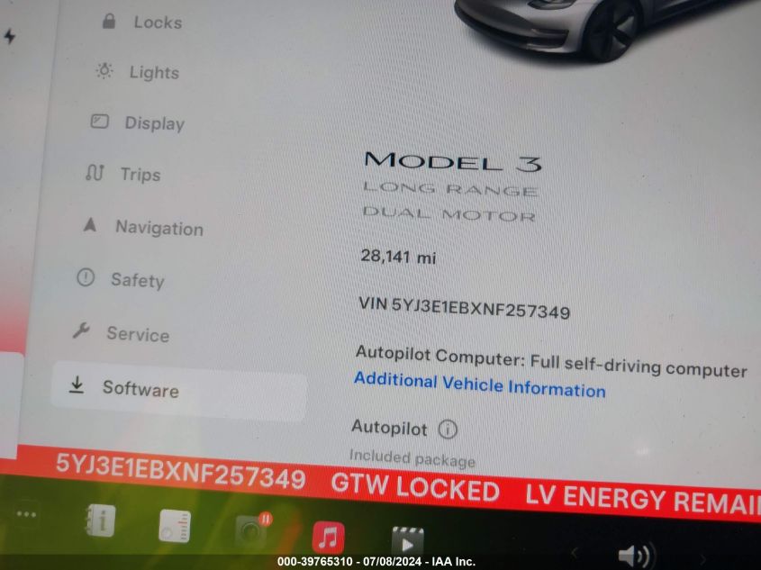 2022 Tesla Model 3 VIN: 5YJ3E1EBXNF257349 Lot: 39765310