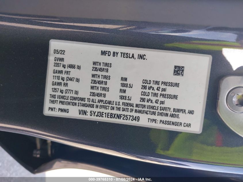 2022 Tesla Model 3 VIN: 5YJ3E1EBXNF257349 Lot: 39765310