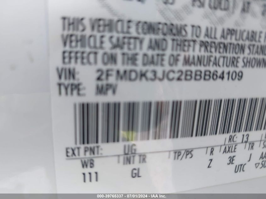 2011 Ford Edge Sel VIN: 2FMDK3JC2BBB64109 Lot: 39765337
