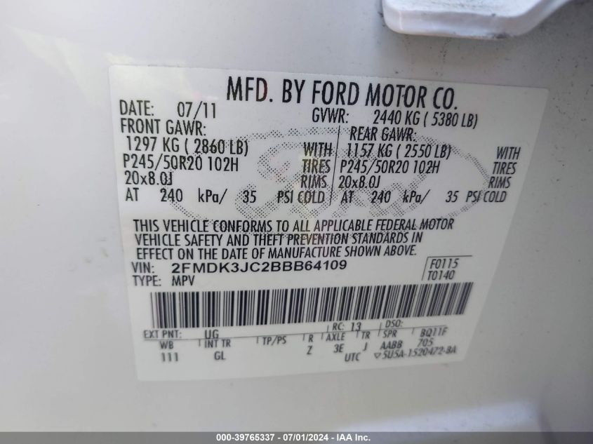 2011 Ford Edge Sel VIN: 2FMDK3JC2BBB64109 Lot: 39765337