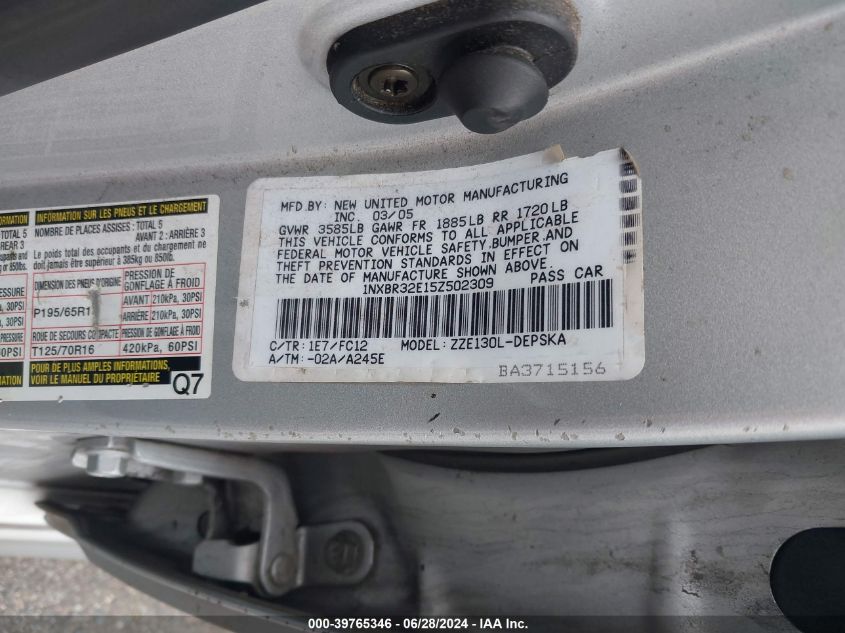 2005 Toyota Corolla Ce/Le/S VIN: 1NXBR32E15Z502309 Lot: 39765346