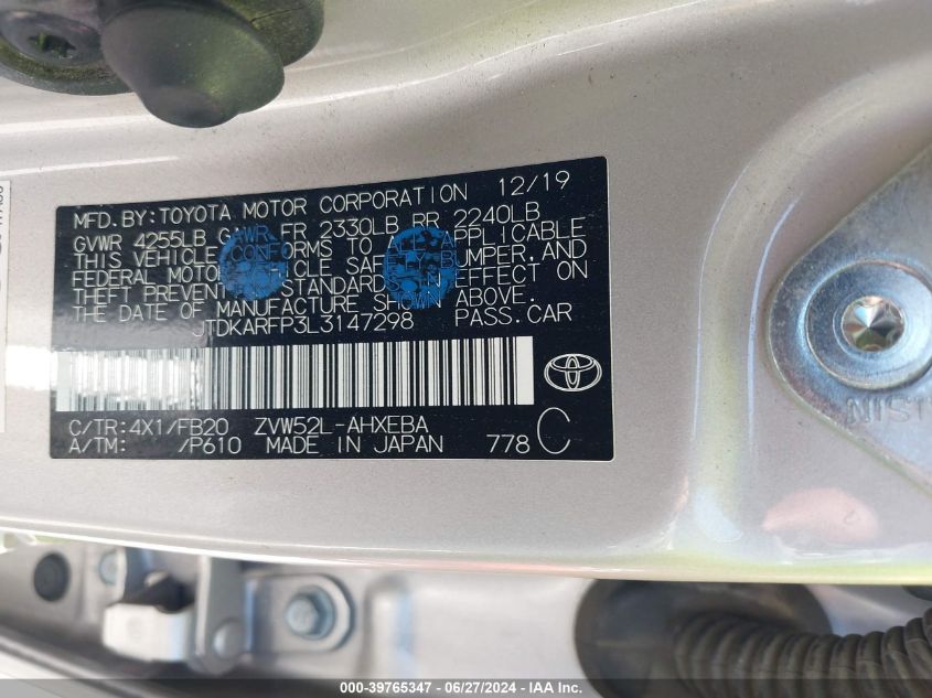 2020 Toyota Prius Prime Le VIN: JTDKARFP3L3147298 Lot: 39765347