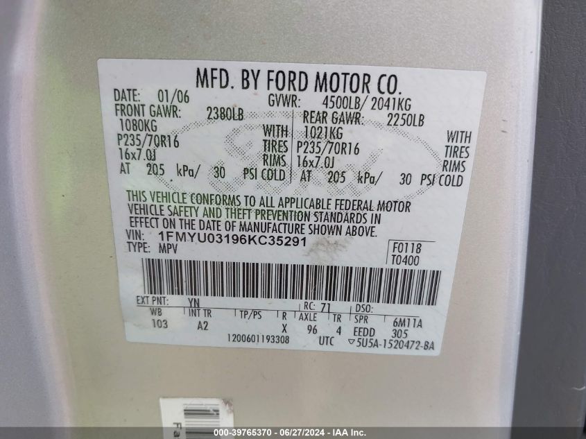 2006 Ford Escape Xlt/Xlt Sport VIN: 1FMYU03196KC35291 Lot: 39765370