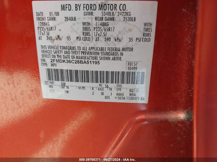 2008 Ford Edge Se VIN: 2FMDK36C28BA51195 Lot: 39765371