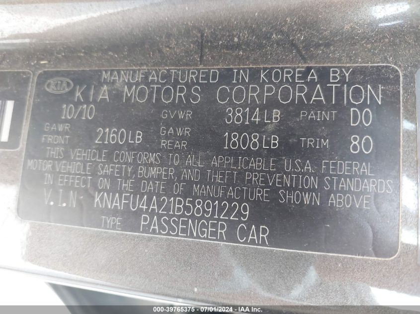 2011 Kia Forte Ex VIN: KNAFU4A21B5891229 Lot: 39765375