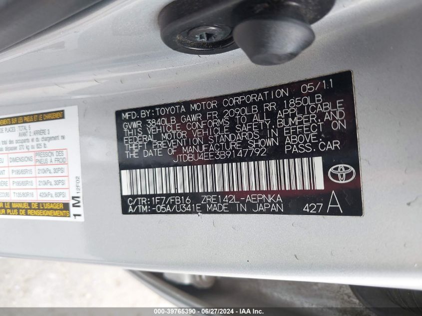 2011 Toyota Corolla Le VIN: JTDBU4EE3B9147792 Lot: 39765390