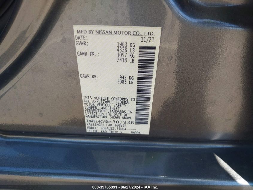 2022 Nissan Altima Sr Fwd VIN: 1N4BL4CV3NN307936 Lot: 39765391