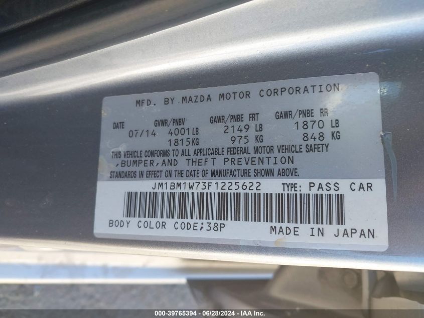 2015 Mazda Mazda3 I Grand Touring VIN: JM1BM1W73F1225622 Lot: 39765394