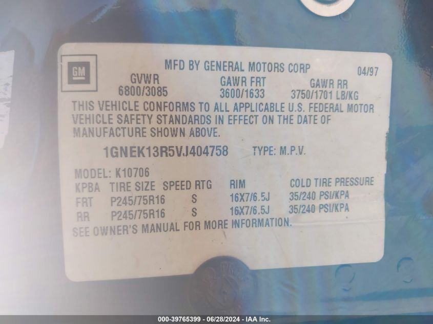 1997 Chevrolet Tahoe Ls VIN: 1GNEK13R5VJ404758 Lot: 39765399