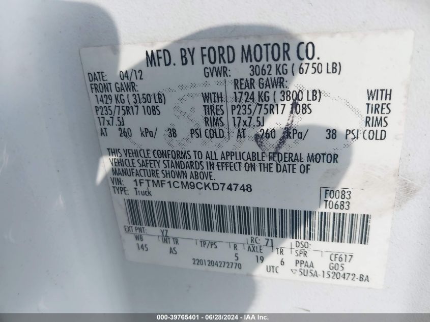 2012 Ford F150 VIN: 1FTMF1CM9CKD74748 Lot: 39765401