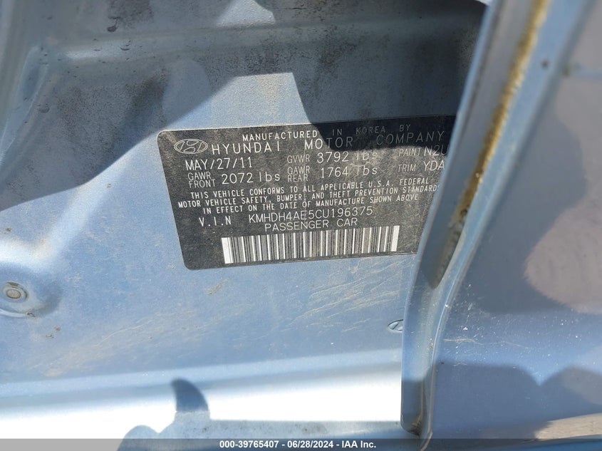 2012 Hyundai Elantra Limited (Ulsan Plant) VIN: KMHDH4AE5CU196375 Lot: 39765407