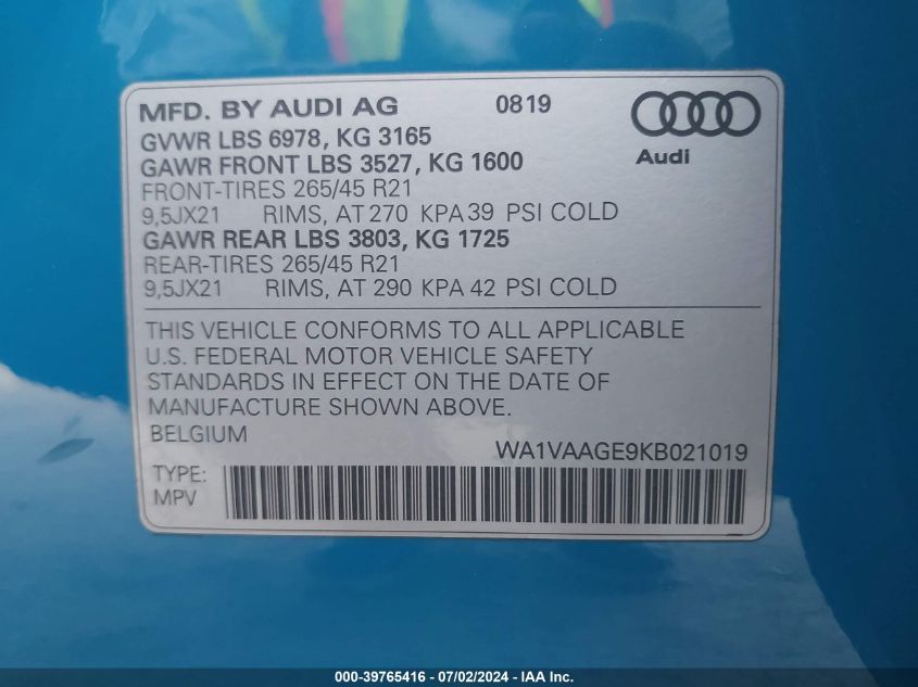 2019 Audi E-Tron Premium Plus VIN: WA1VAAGE9KB021019 Lot: 39765416