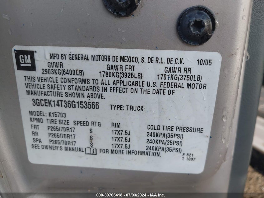 2006 Chevrolet Silverado 1500 Lt1 VIN: 3GCEK14T36G153566 Lot: 39765418