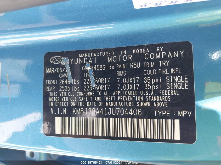 2018 Hyundai Tucson Sel VIN: KM8J33A41JU704406 Lot: 39765424