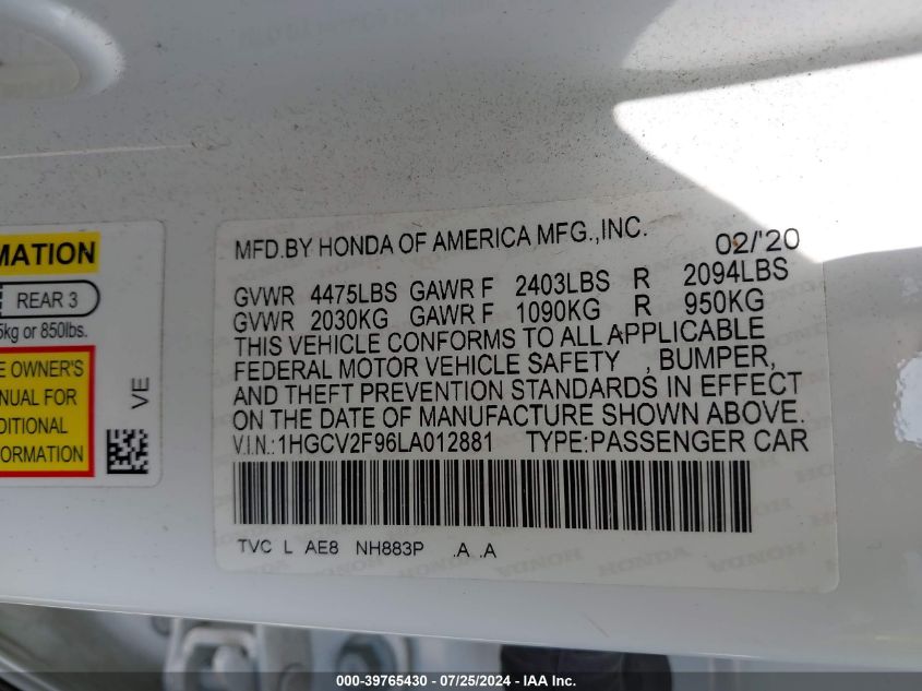 2020 Honda Accord Touring VIN: 1HGCV2F96LA012881 Lot: 39765430