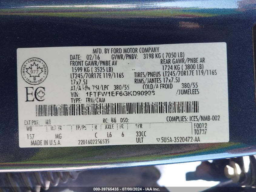 2016 Ford F-150 Xlt VIN: 1FTFW1EF6GKD90998 Lot: 39765435