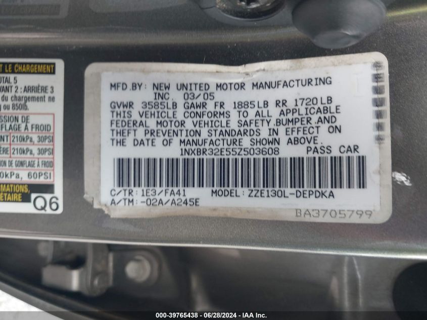 2005 Toyota Corolla Ce VIN: 1NXBR32E55Z503608 Lot: 39765438