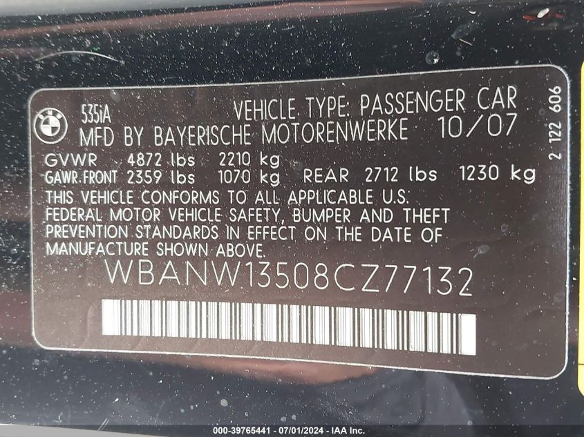 2008 BMW 535I VIN: WBANW13508CZ77132 Lot: 39765441