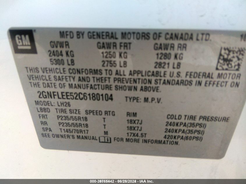 2012 Chevrolet Equinox 1Lt VIN: 2GNFLEE52C6180104 Lot: 39765442