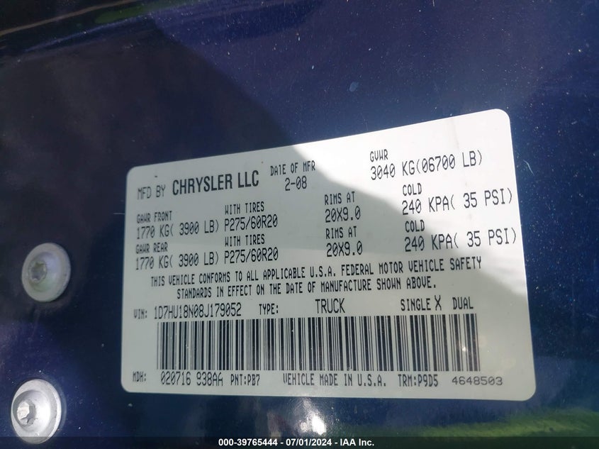 2008 Dodge Ram 1500 Slt VIN: 1D7HU18N08J179052 Lot: 39765444