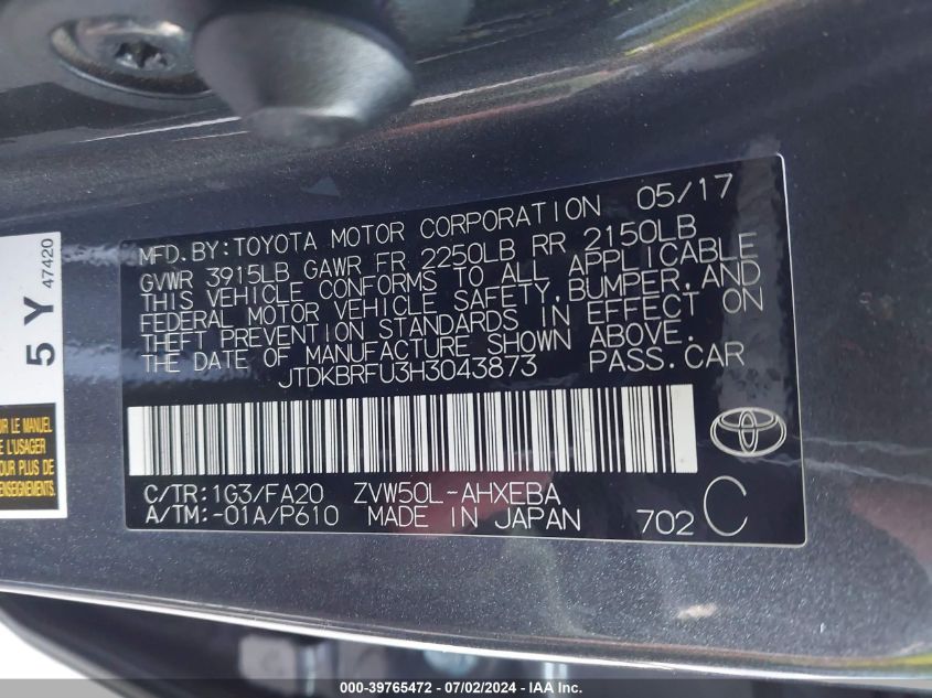 2017 Toyota Prius VIN: JTDKBRFU3H3043873 Lot: 39765472