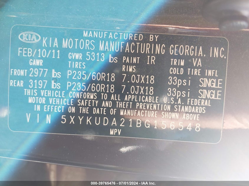 2011 Kia Sorento Ex V6 VIN: 5XYKUDA21BG156548 Lot: 39765476