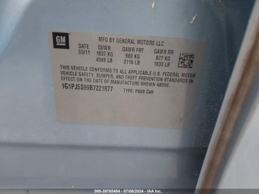 2011 Chevrolet Cruze Eco VIN: 1G1PJ5S99B7221877 Lot: 39765484