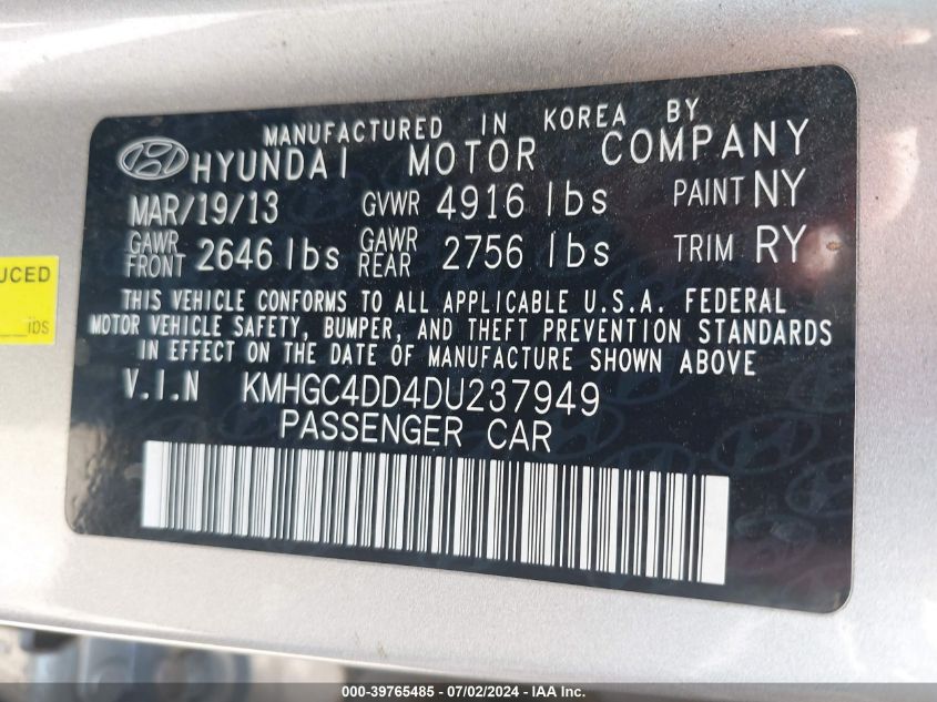 2013 Hyundai Genesis 3.8 VIN: KMHGC4DD4DU237949 Lot: 39765485