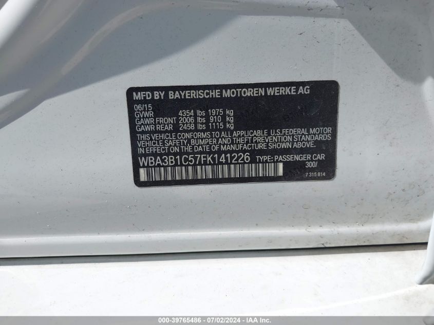 2015 BMW 320I VIN: WBA3B1C57FK141226 Lot: 39765486