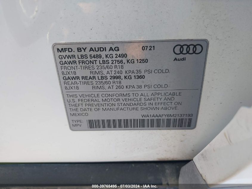 2021 Audi Q5 Premium 45 Tfsi Quattro S Tronic VIN: WA1AAAFY6M2137193 Lot: 39765495