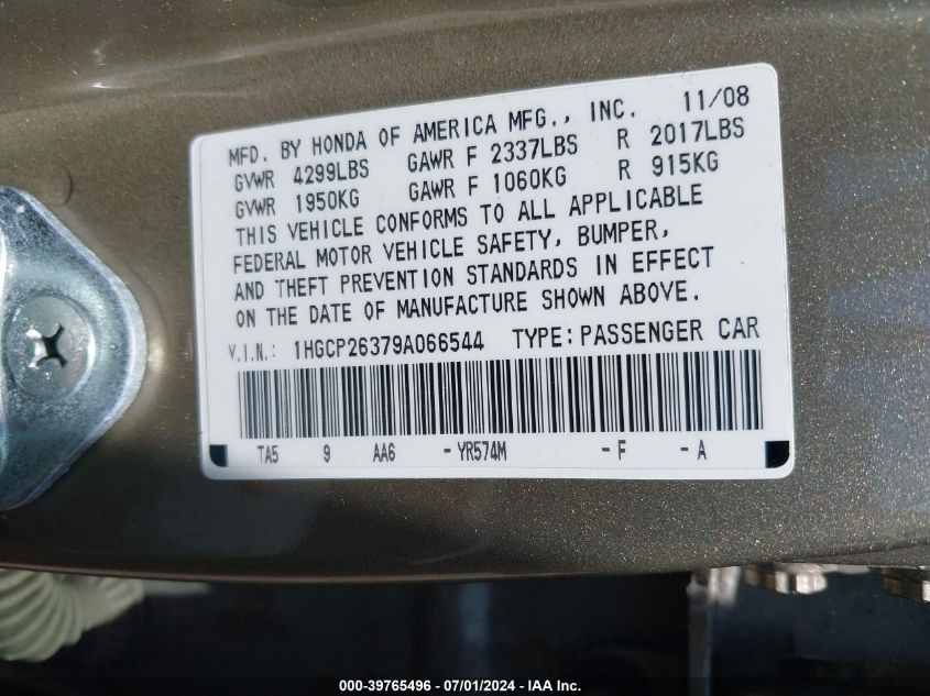 2009 Honda Accord 2.4 Lx VIN: 1HGCP26379A066544 Lot: 39765496